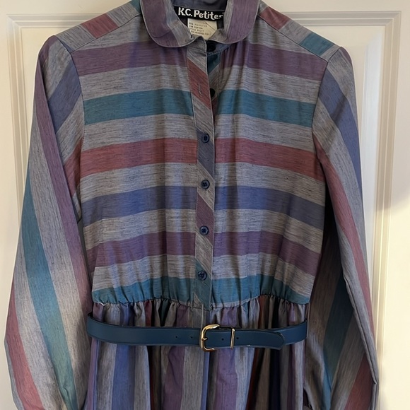 Vintage K.C. Petites Belted Collared Dress Size 8 Multi-Striped Long Sleeve - Picture 2 of 10